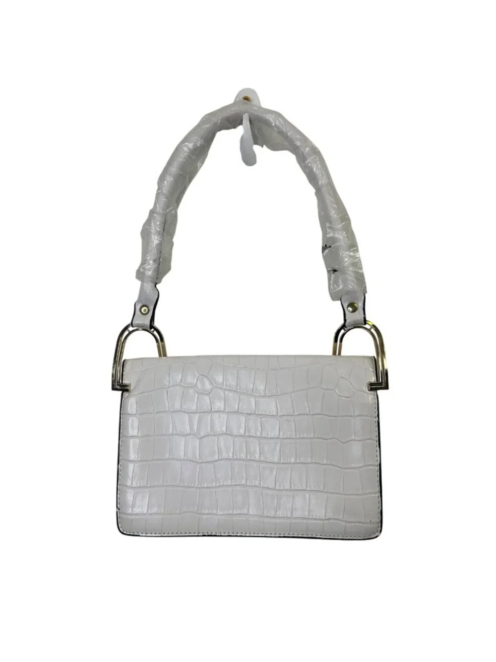 White Croc-Embossed Shoulder Bag w/ Gold-Tone Horseshoe Hardware